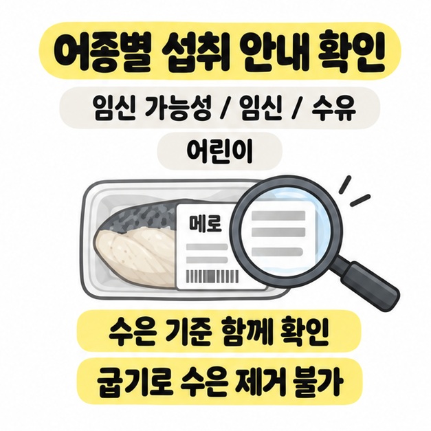 임신 가능성 및 임신과 수유 및 어린이를 대상으로 어종별 수은 안내 확인과 굽기로 수은 제거 불가 문구를 상품 포장 및 돋보기와 함께 배치한 이미지