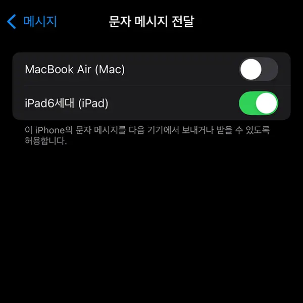 같은 애플 아이디로 연동된 기기 중 메시지 수신이 가능한 기기의 목록에서 아이폰 문자 메시지 전달 여부를 선택할 수 있다.