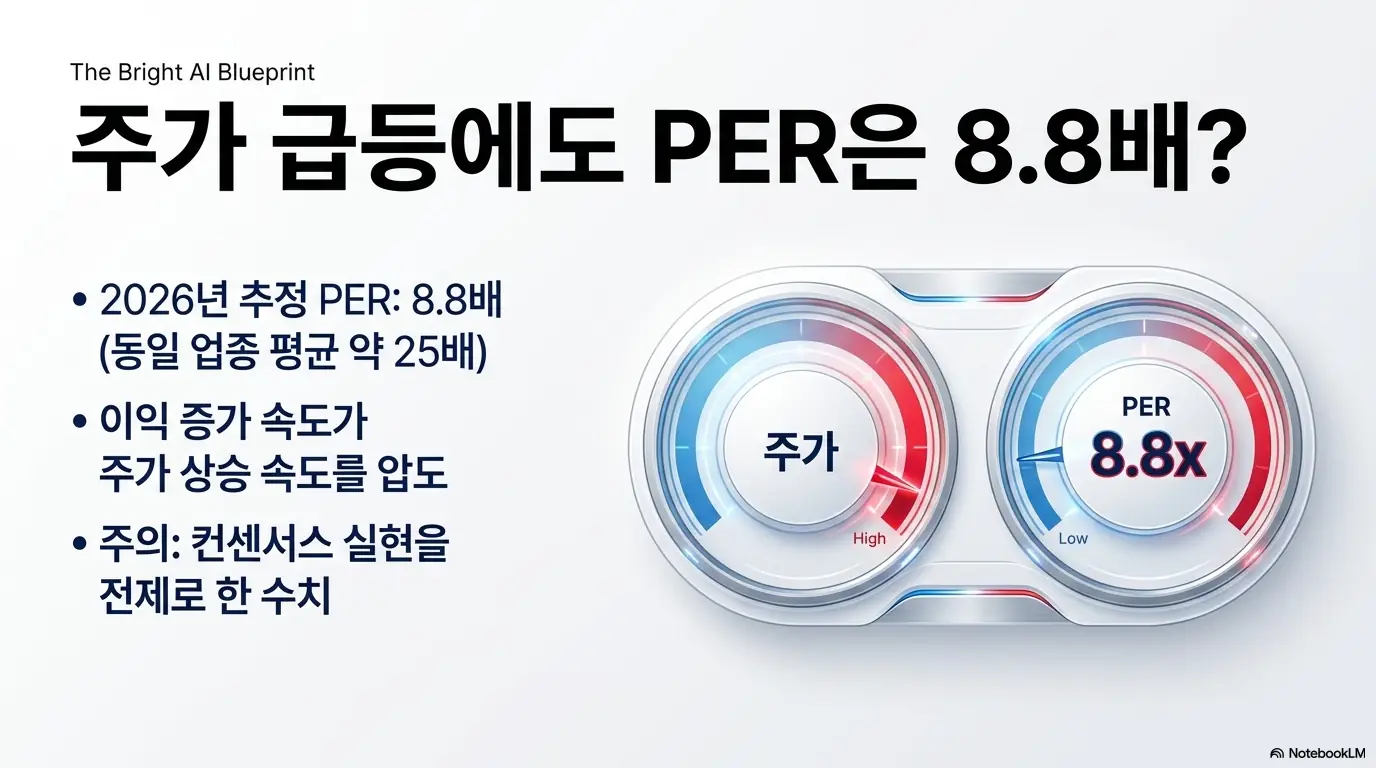 SK하이닉스 주가 급등에도 PER이 낮은 이유를 보여주는 계기판 이미지. 2026년 추정 PER 8.8배, 동일 업종 평균 약 25배, 이익 증가 속도가 주가 상승을 앞선다는 점과 컨센서스 전제 주의를 시각적으로 전달하며, 블로그 본문의 밸류에이션 분석 내용을 설명함.