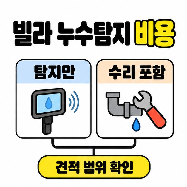 빌라 누수탐지 비용 제목 아래 탐지만과 수리 포함을 장비 및 배관 그림으로 구분하고 견적 범위 확인으로 연결한 도식