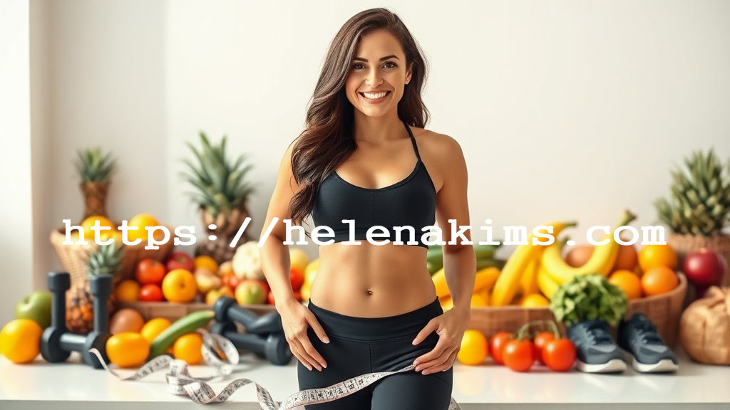 복부 비만 관리하는 여성, 주변에는 과일 등 운동 기구가 있는 모습.