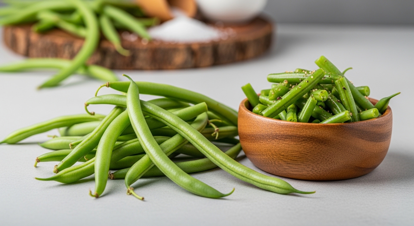 싱싱한 그린빈스와 요리된 그린빈스가 함께 있는 건강하고 신선한 식탁 풍경