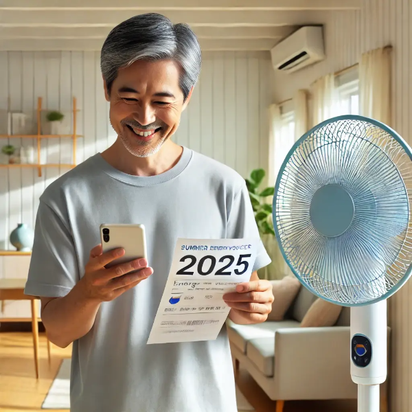 스마트폰으로 에너지바우처 승인 메시지를 확인하며 실내에서 미소 짓는 동양인 중년 남성의 초고해상도 사진