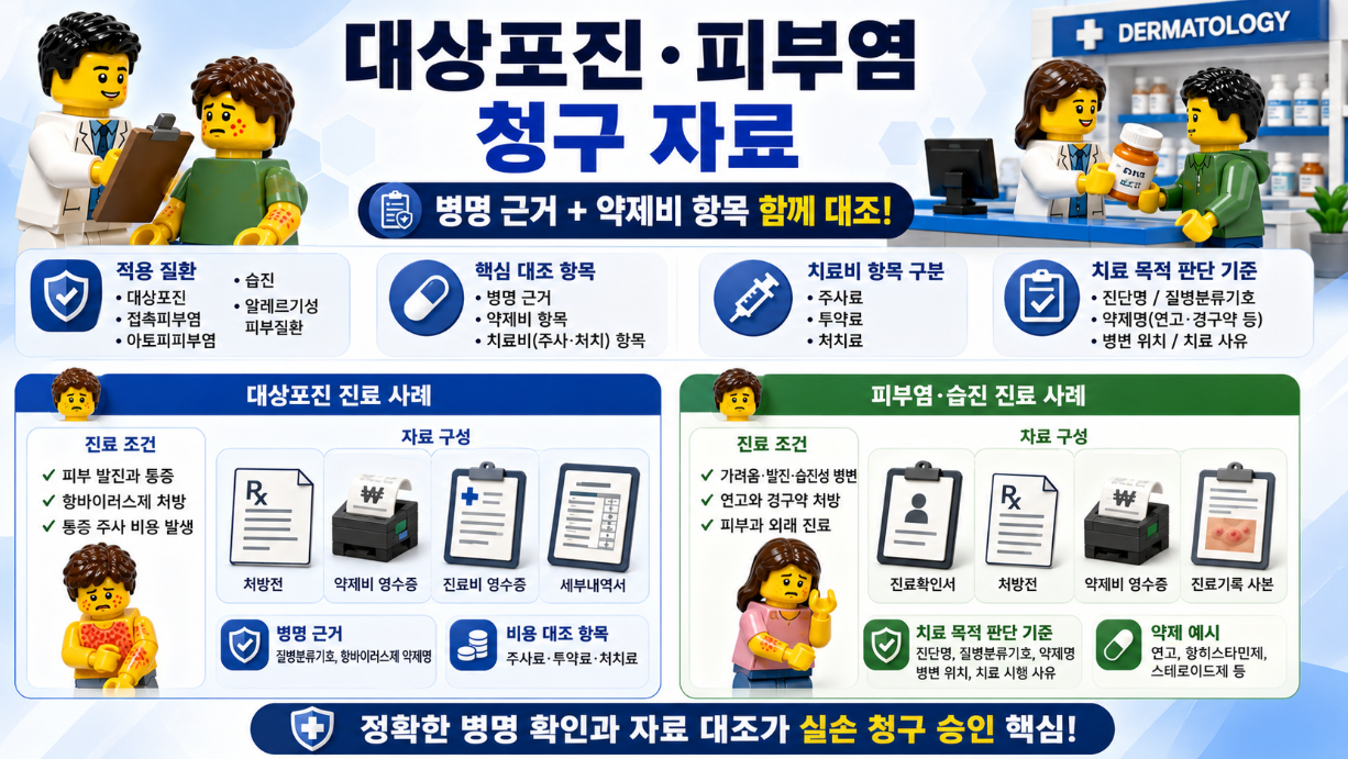 피부과 진료비와 비급여 비용을 환자부담총액, 수량, 단가, 금액으로 대조하는 인포그래픽
