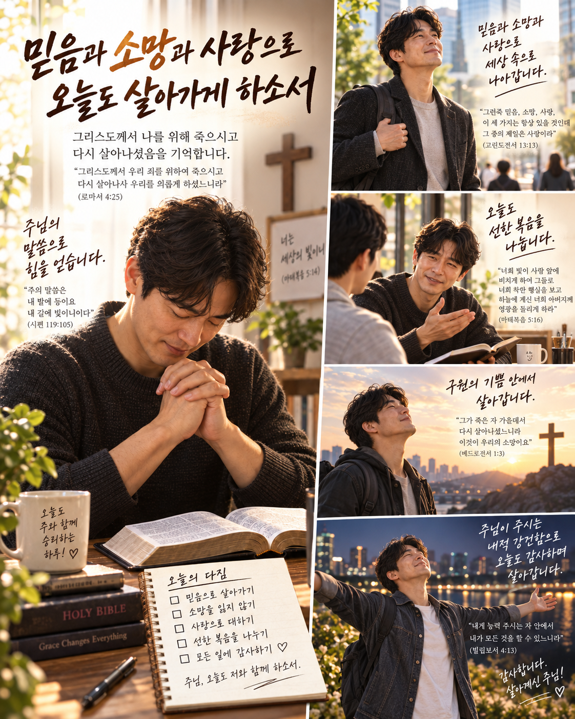 오늘도 주님의 말씀을 따라 주님께서 주시는 믿음과 소망과 사랑으로 무장하여 세상에 나가고, 그리스도께서 나를 위해 죽으신 것을 기억하며 다시 살아날 구원의 기쁨 안에서 내적으로 강한 삶을 살아가며 주변에 선한 복음을 나누려는 시도를 하는 모습입니다.