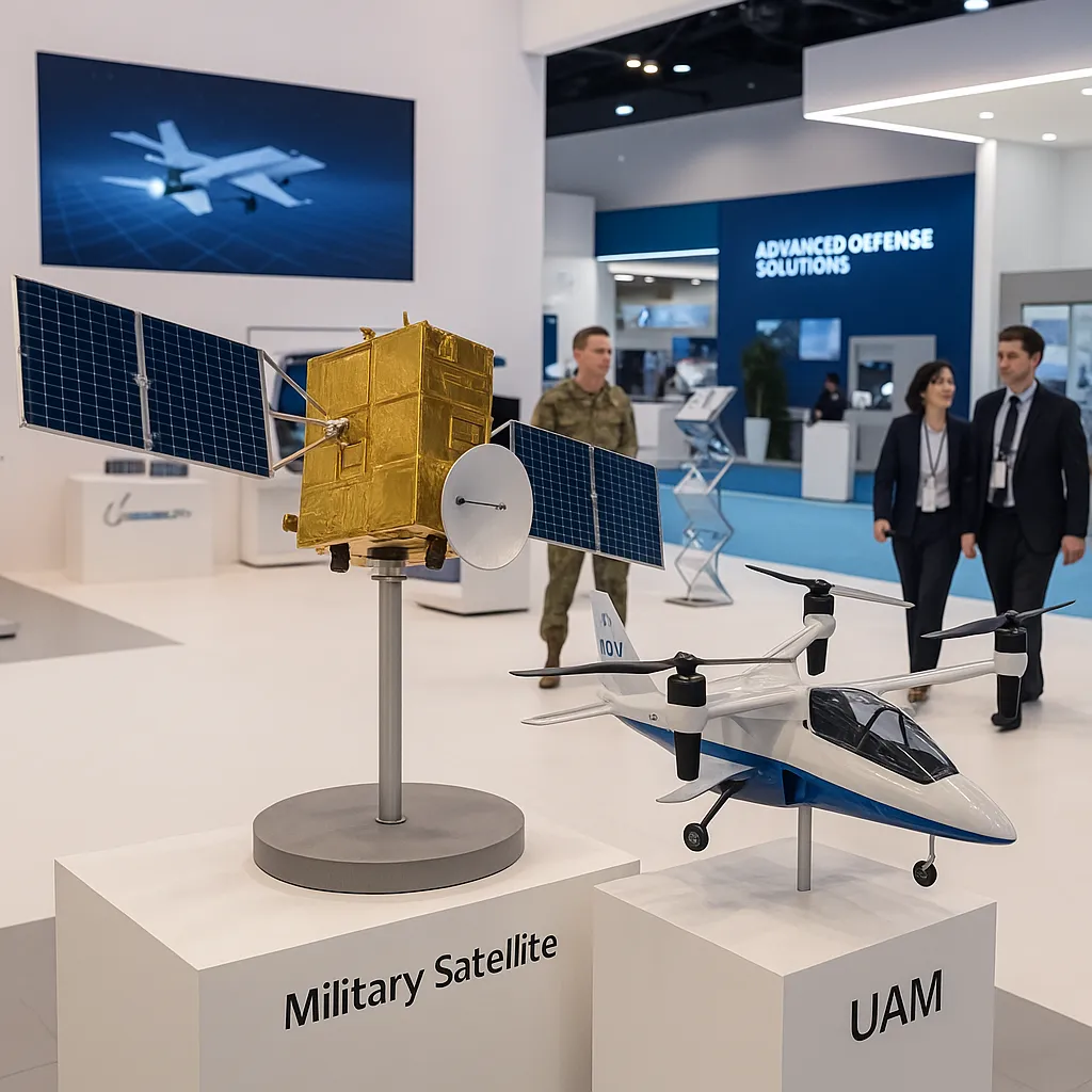군용 위성과 UAM 기체가 함께 전시된 방산 산업 박람회