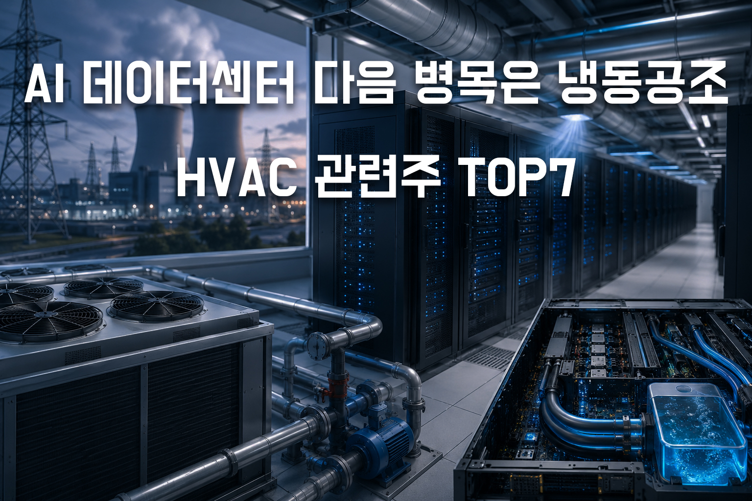 AI 데이터센터 내부의 서버 랙과 냉동공조(HVAC) 냉각 설비, 액체냉각 시스템 및 전력 인프라를 보여주는 이미지