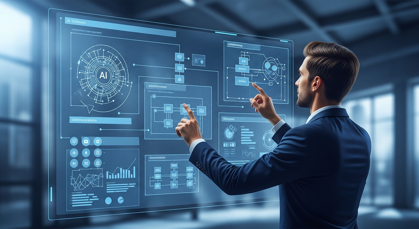 AI 시대에 변화하는 개발자의 역할을 보여주는 개념적인 이미지. 개발자가 단순 코딩 대신 인프라 설계, 거버넌스, 보안 등 고차원적인 시스템 관리에 집중하는 모습을 묘사합니다.
