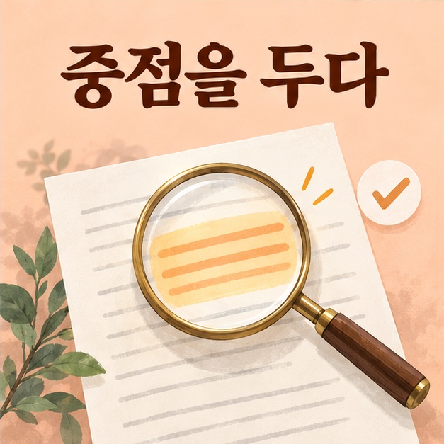 돋보기와 강조한 문서로 특정 내용에 중점을 두는 의미를 표현한 그림