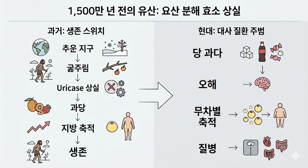 이 인포그래픽은 1,500만 년 전 요산 분해 효소 상실이 과거와 현대에 미치는 상반된 영향을 설명합니다. 왼쪽의 과거 섹션은 추위와 굶주림 속에서 Uricase 상실이 과당을 지방으로 축적해 생존을 도왔음을, 오른쪽의 현대 섹션은 과도한 당 섭취가 무차별적인 지방 축적과 질병을 유발함을 보여줍니다.