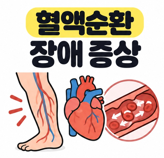 혈액순환 장애 증상 제목과 다리 혈관, 심장 아이콘을 함께 보여주는 그림