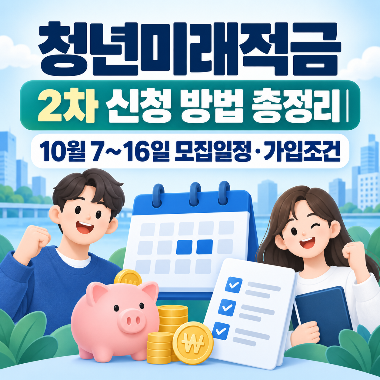 청년미래적금 2차 신청 방법과 10월 7~16일 모집일정, 가입조건을 안내하는 인포그래픽 이미지