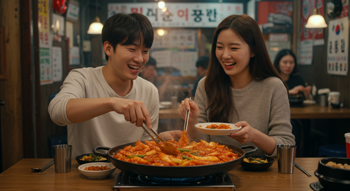 춘천 명동 닭갈비 골목에서 닭갈비를 먹는 한국인 커플