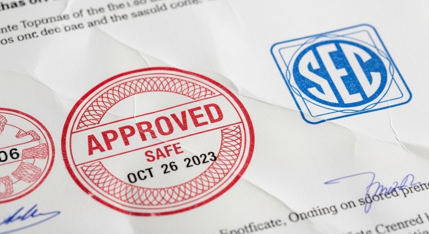 SEC 승인 서류에 도장이 찍히는 모습과 함께 'SAFE' 아이콘이 강조됨
