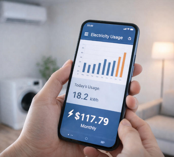스마트폰에서 전기 사용량과 요금 그래프를 확인하는 장면