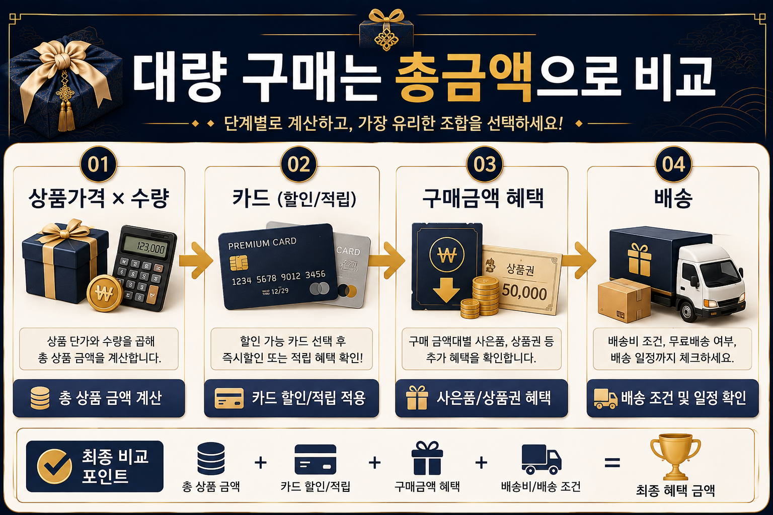 거래처 추석 선물 대량 구매 시 상품 가격 수량 카드 할인 배송 조건을 계산하는 이미지