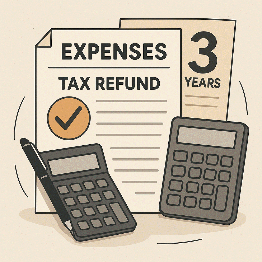 EXPENSES TAX REFUND 3YEARS 써있는 종이 계산기 펜