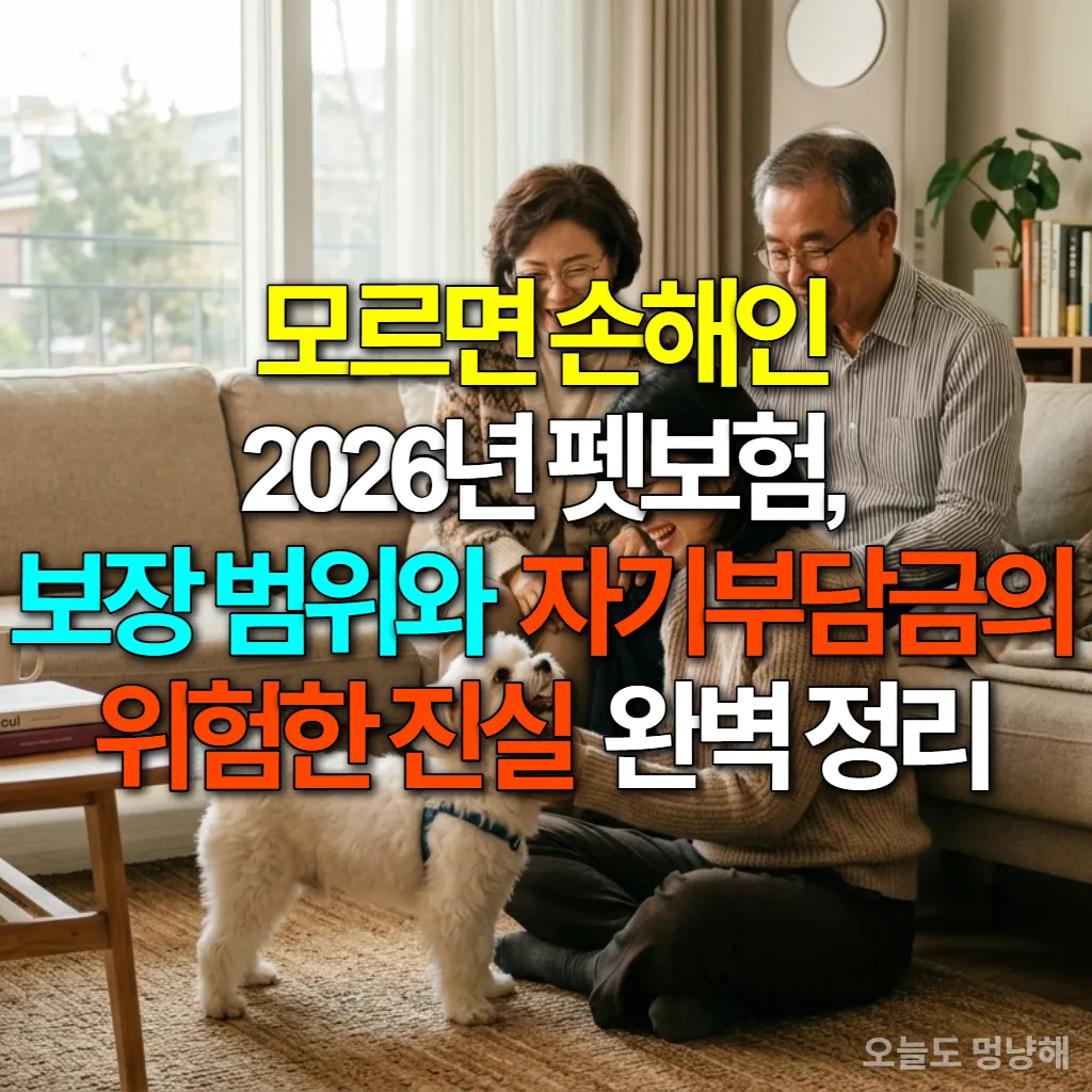 한국인 가족이 거실에서 반려견과 반려묘와 함께 행복한 시간을 보내는 모습