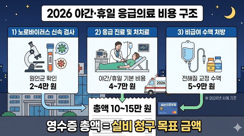 2026년 야간&middot;휴일 응급의료 비용 구조와 검사&middot;처치&middot;수액 포함 총액 예시 설명 이미지