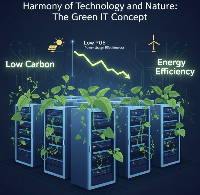 재생에너지와 고효율 냉각 기술을 결합하여 탄소 배출을 최소화하는 친환경 그린 IT 데이터 센터 및 지속가능한 컴퓨팅 인프라 개념도 이미지.