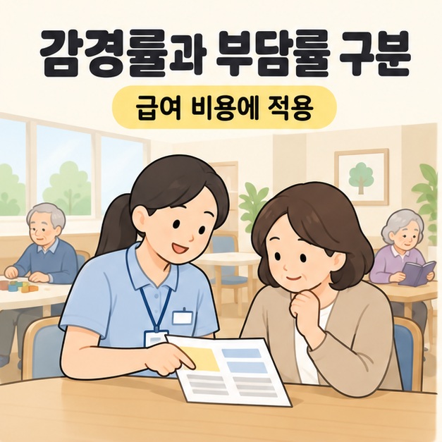 감경률과 부담률 구분 문구 아래 주야간보호기관 담당자가 보호자에게 급여 비용 항목을 설명하는 모습