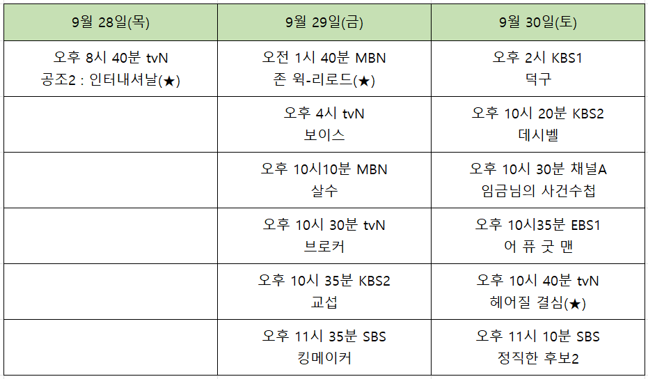 추석특선영화-9월