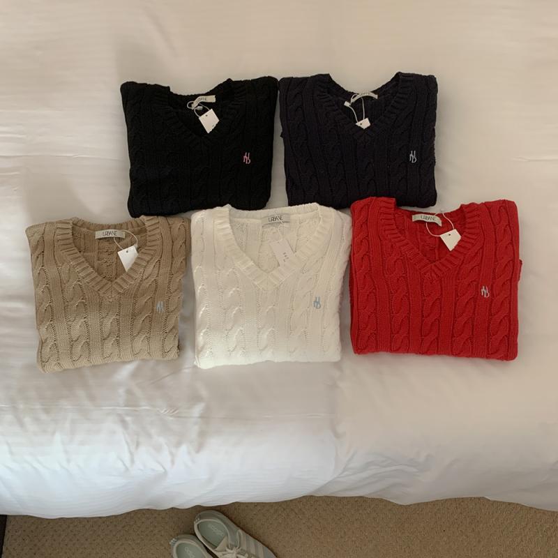 자체제작 여성 가을 브이넥 니트 코튼 꽈배기 케이블 니트 레드당일 5c