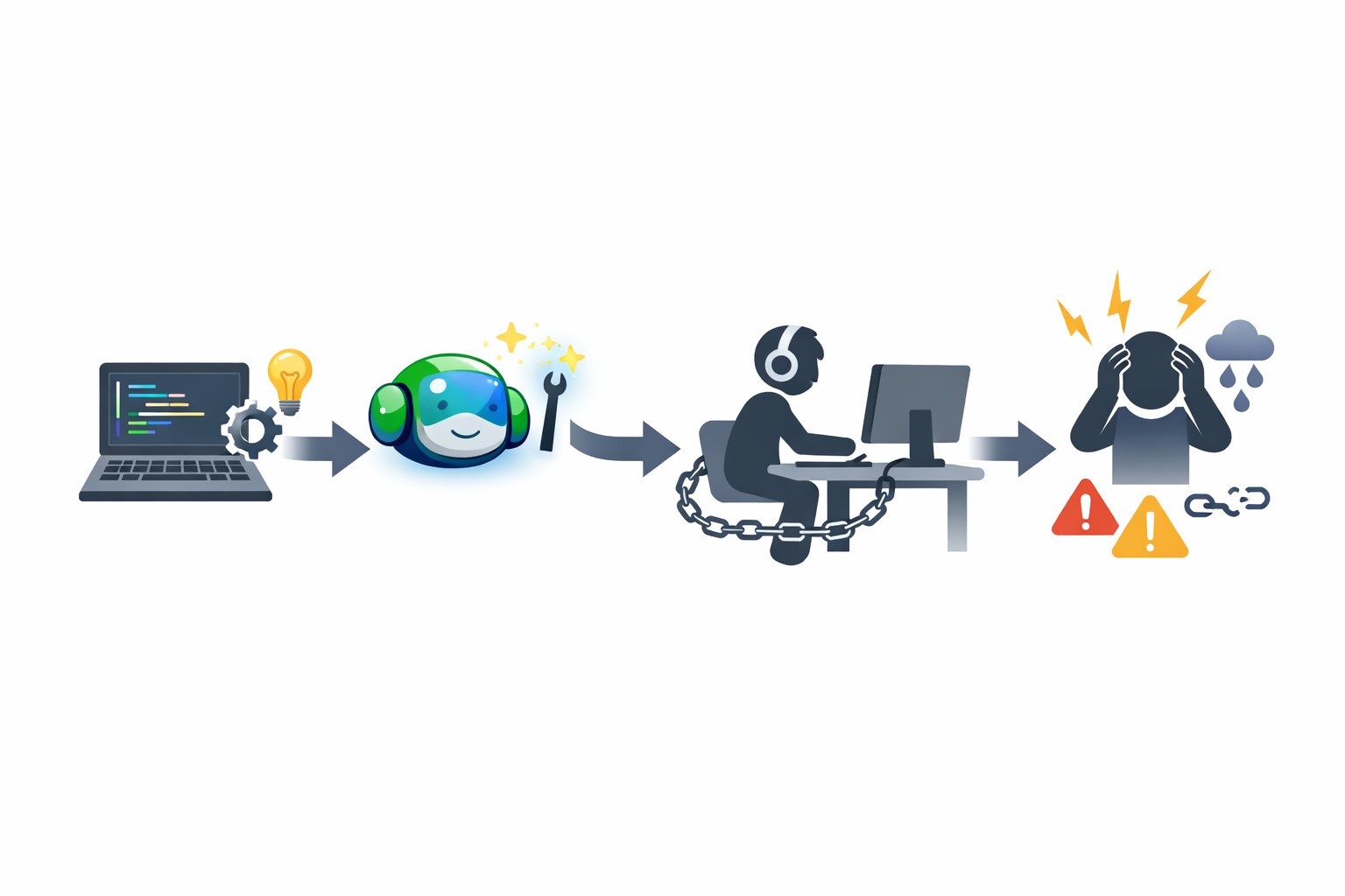 GitHub Copilot 의존 불안 흐름을 아이콘과 화살표로 표현한 다이어그램