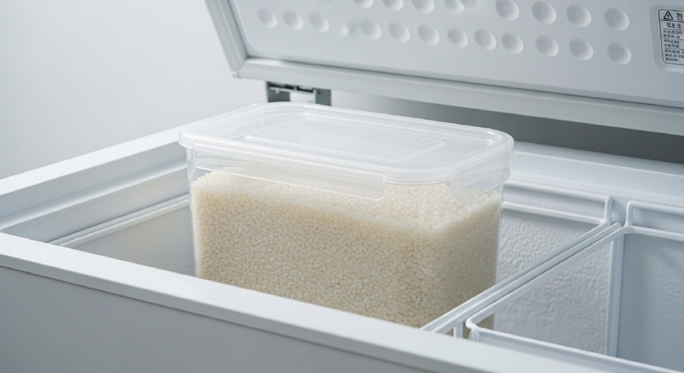 냉동실 안 투명한 쌀통