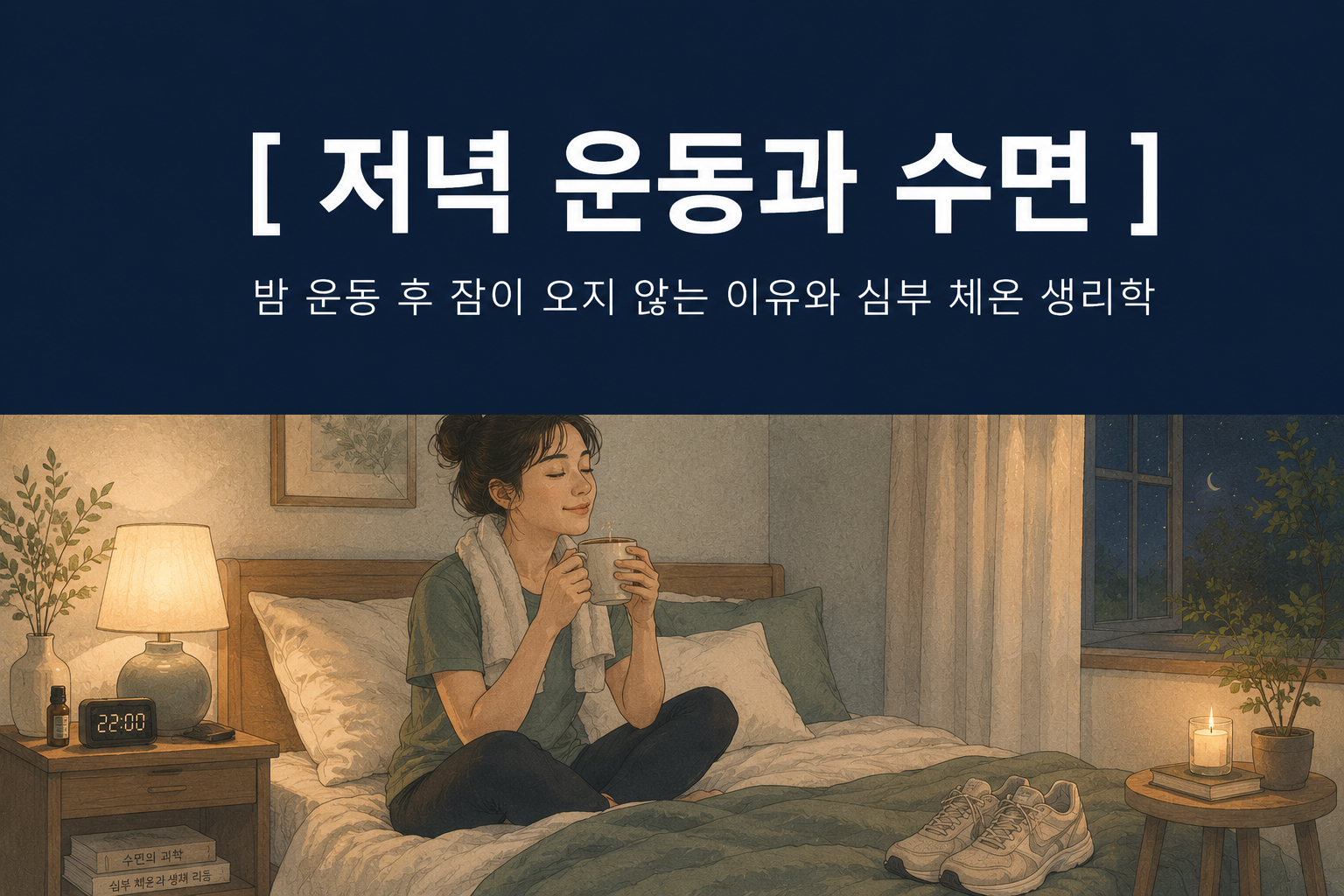 어두운 인디고 배경 상단에 한글로 "[ 저녁 운동과 수면 ]"이라는 타이틀과 "밤 운동 후 잠이 오지 않는 이유와 심부 체온 생리학"이라는 부제가 적혀 있고, 하단에는 운동 후 따뜻한 침실 침대에 앉아 차를 마시며 이완하고 있는 사람의 손그림 일러스트가 담긴 깊은잠 연구소의 웰니스 매거진 썸네일 이미지.