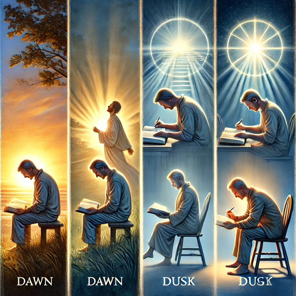 그림은 하나님께 지혜를 구하고, 겸손하게 동행하며 하나님의 뜻을 찾으려는 모습을 담고 있습니다. 하루를 통해 기도와 성경 연구, 다른 사람과의 교제를 통해 하나님의 지혜를 나타내는 모습이 평화롭고 영감을 주는 분위기로 표현되었습니다.