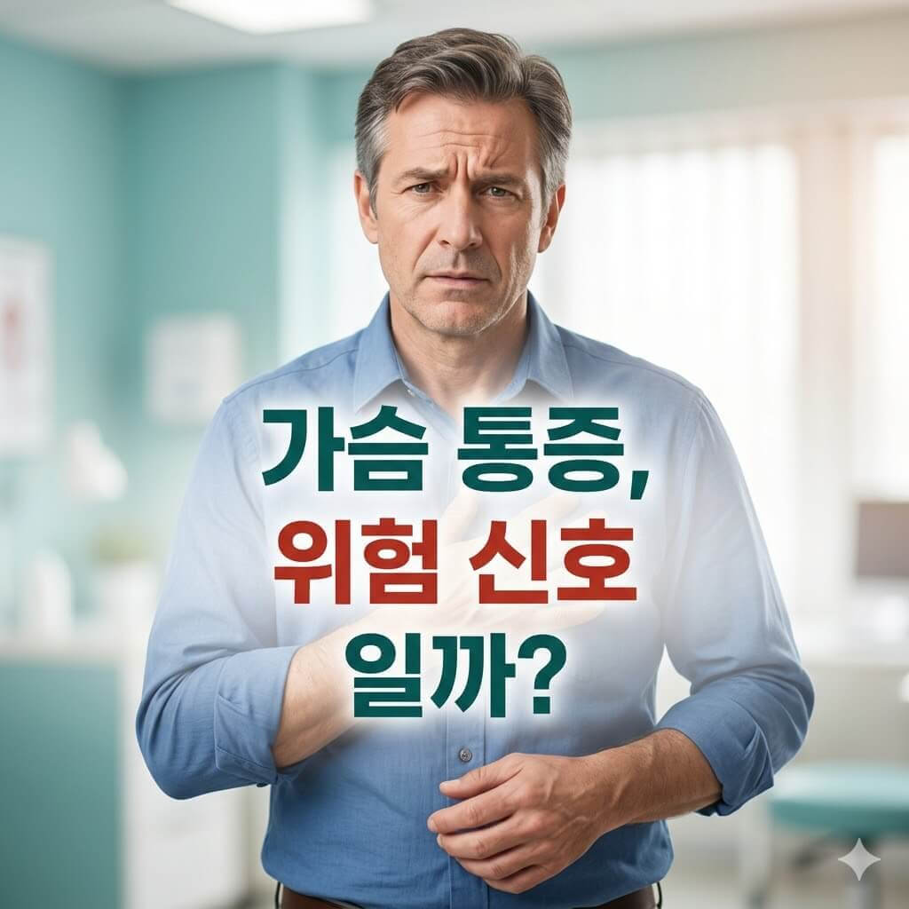 가슴통증을 느낀 중년의 남성이 가슴에 손을 얹고 있는 모습