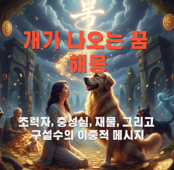 꿈속에 여성이 리트리버의 손을 잡고 있는 모습이고 뒤로는 검은강아지와 흰강아지가 그모습을 바라보고있다.