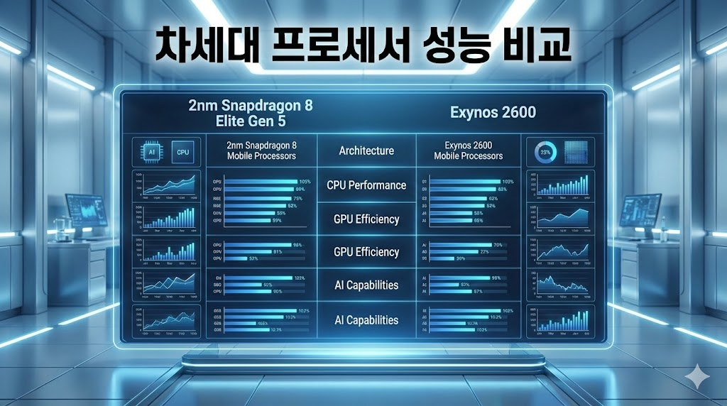 스냅드래곤 8 엘리트 5세대와 엑시노스 2600의 성능 수치를 비교한 기술 도표.