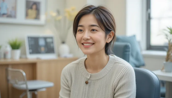 진료실에서 설명을 듣고 고개를 끄덕이며 안도하는 여성