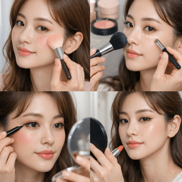 얼굴에 메이크업 하는 여자