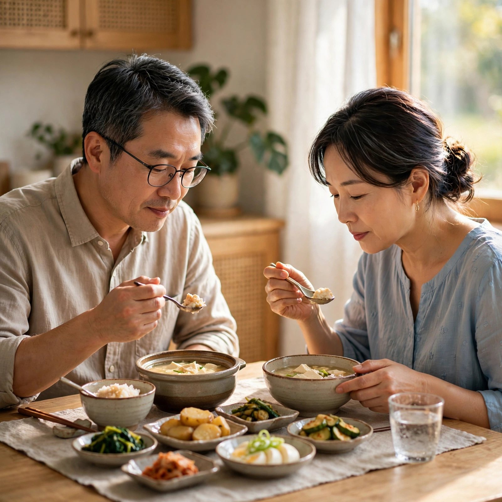 상체를 세우고 천천히 식사하는 50대 부부