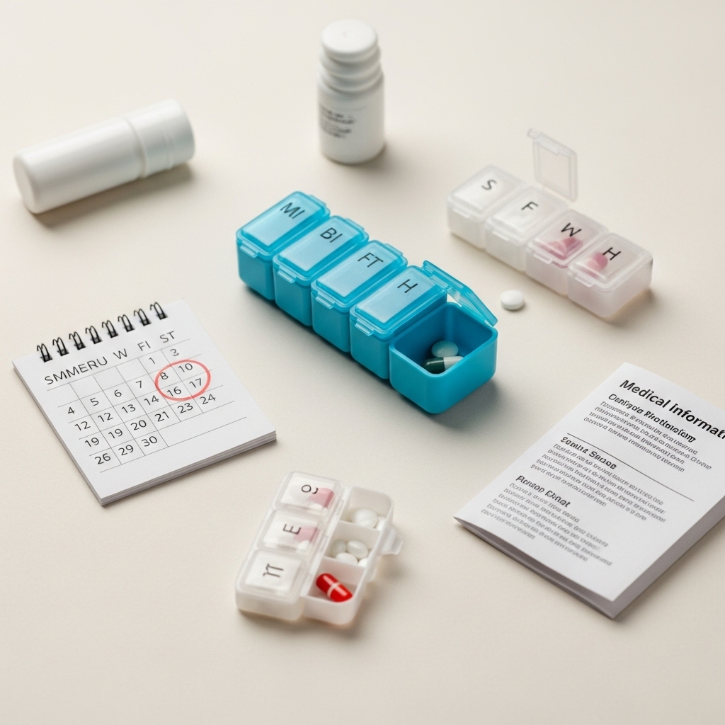 책상위에-알약-통과-알약들이-달력과-함께-놓여져-있습니다.