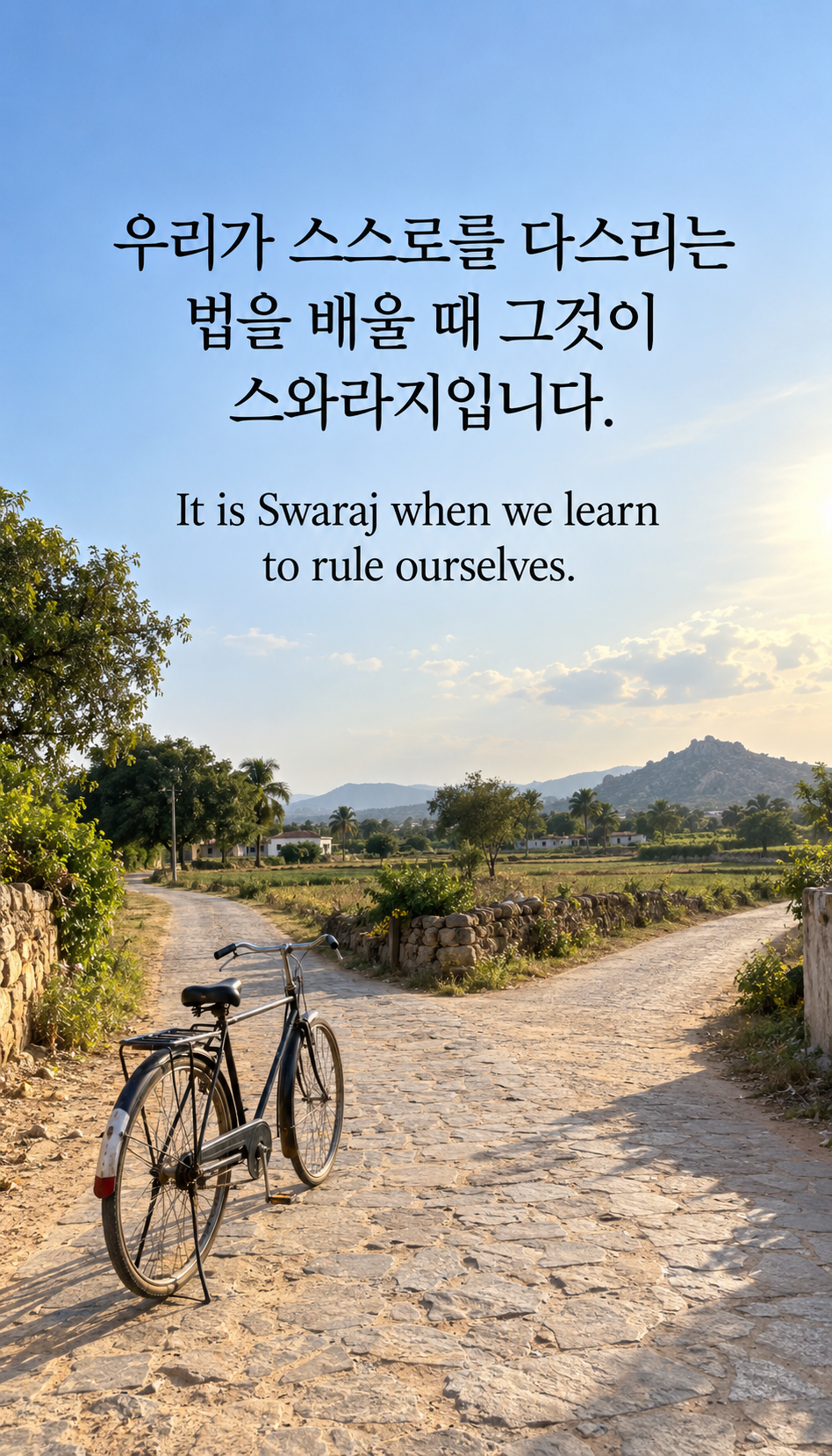 우리가 스스로를 다스리는 법을 배울 때 그것이 스와라지입니다. &mdash; 갈림길에 세워진 자전거, 디지털카메라 사진풍