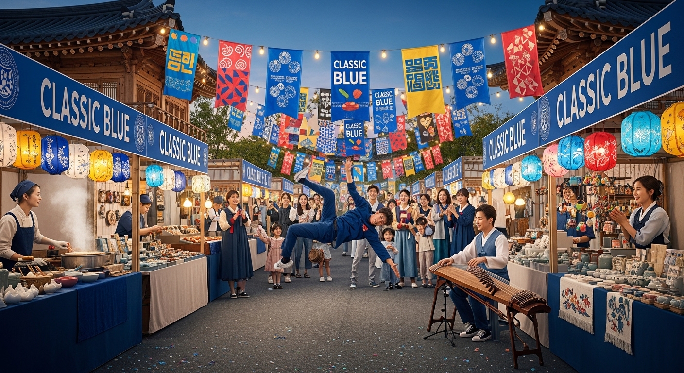 부산 광복로 스트릿 페스타와 같은 활기찬 도심 거리 축제 풍경. 사람들이 공연을 관람하고 로컬 마켓을 구경하며 즐거운 시간을 보내고 있다.