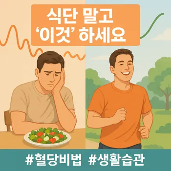밝고 건강한 분위기의 30대 남성이 등장하는 그래픽 스타일 썸네일. 화면을 둘로 나누어, 왼쪽에는 샐러드 접시 앞에서 고민하는 표정의 사람이 있고 머리 위에는 복잡하고 불안정하게 오르내리는 그래프가 그려져 있음. 오른쪽에는 같은 사람이 공원에서 가볍게 조깅하며 활짝 웃고 있고 머리 위에는 안정적이고 건강한 선의 그래프가 그려져 있음. 전체적으로 부드러운 파스텔 톤의 색감을 사용하여 희망적인 느낌을 전달.