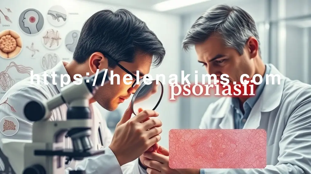 피부과 전문의가 확대경으로 환자의 피부 병변을 면밀히 살피고, 그 옆에는 현미경과 피부 조직 슬라이드가 정확한 진단을 하는 이미지.