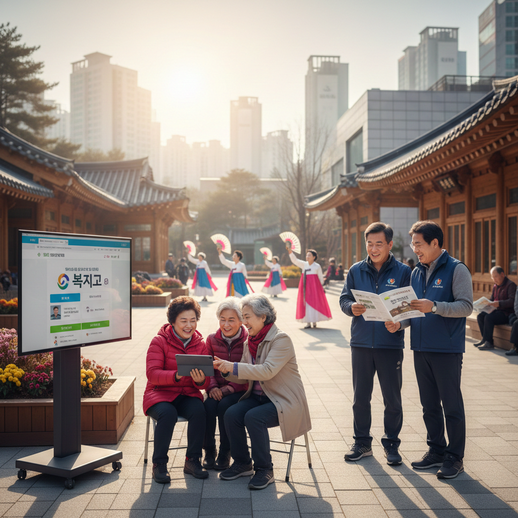 서울 한복판에 노인분들이 정보를 확인하고 있는 모습