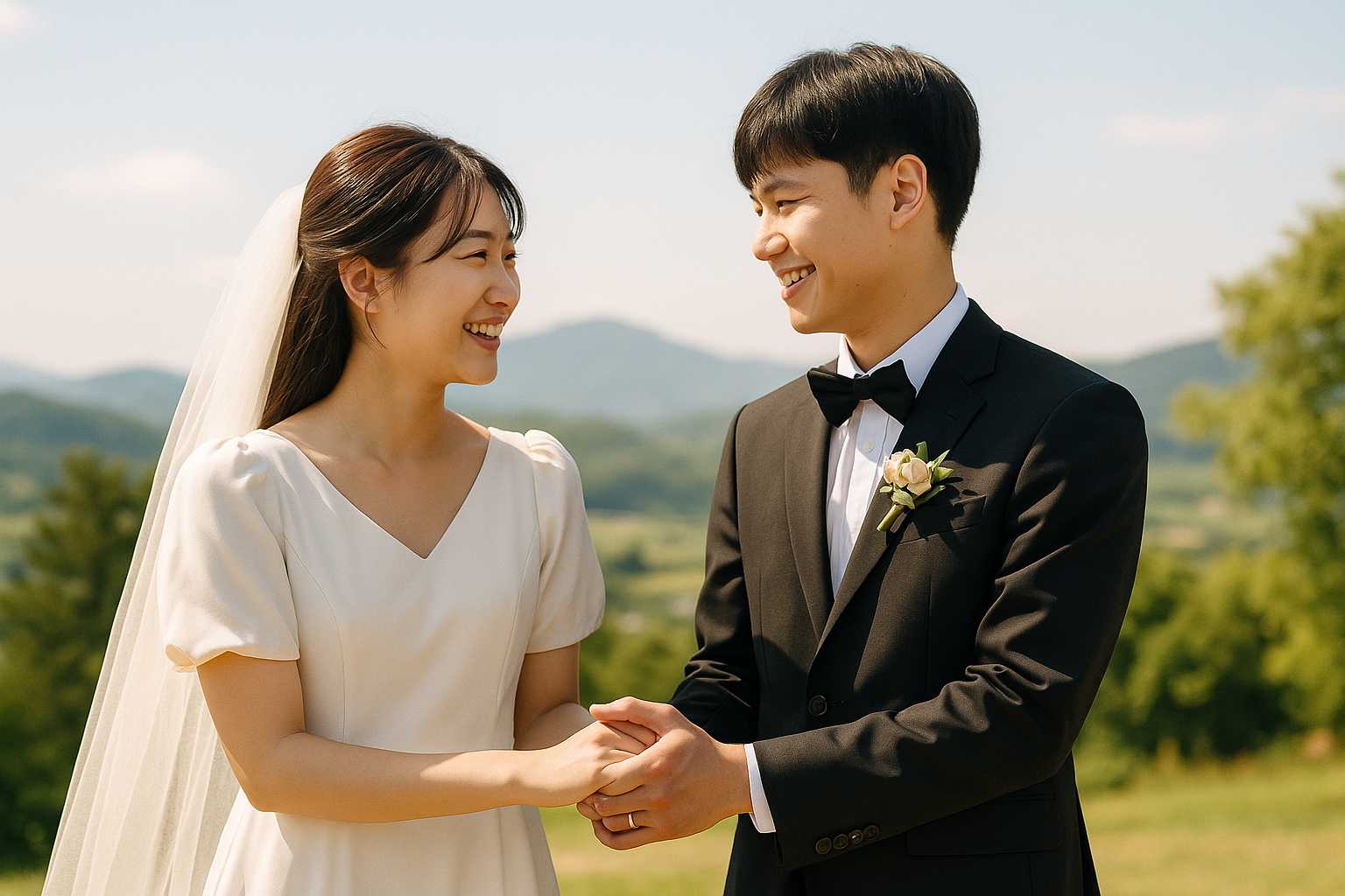 순천 청년 부부가 야외에서 밝게 웃으며 손을 맞잡고 있는 결혼식 장면. 따뜻한 햇살과 자연 풍경이 어우러진 모습. 청년 결혼 축하금 시각화 이미지