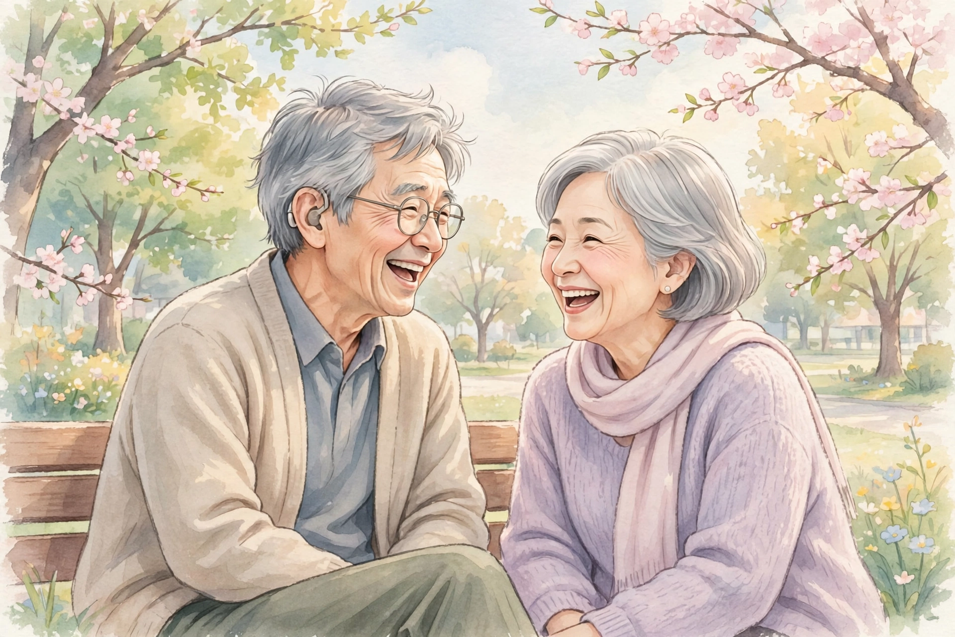 보청기를 착용하고 활짝 웃는 노부부 일러스트