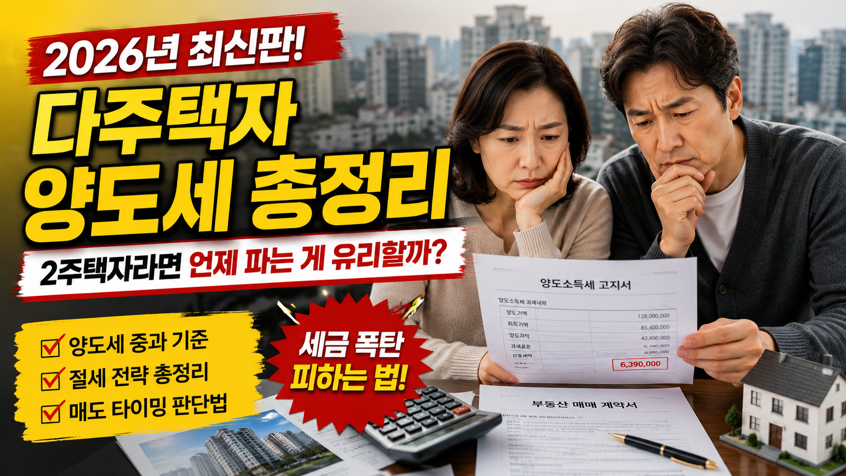 2026년 2 주택자가 양도소득세와 매도 시기를 고민하며 절세 전략을 검토하는 모습