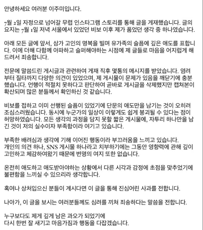 서울 시청역 사고 이주미 논란 사과 이유