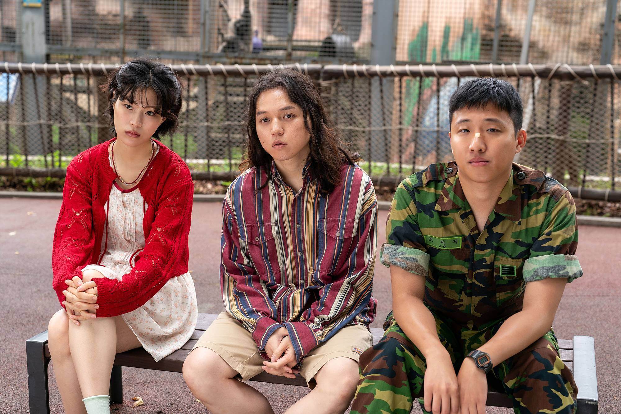 동물원에 간 세 친구들이 동물을 응시하고 있는 모습