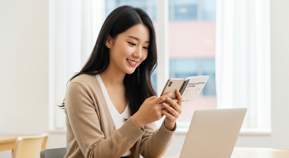 사업자번호를 메모하며 핸드폰으로 확인하는 여성