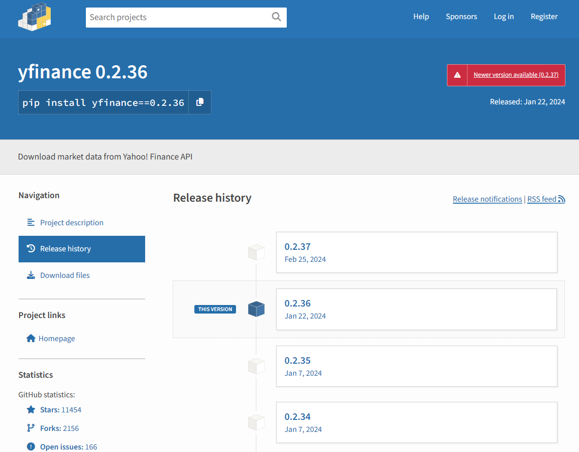 yfinance Release history @PyPi